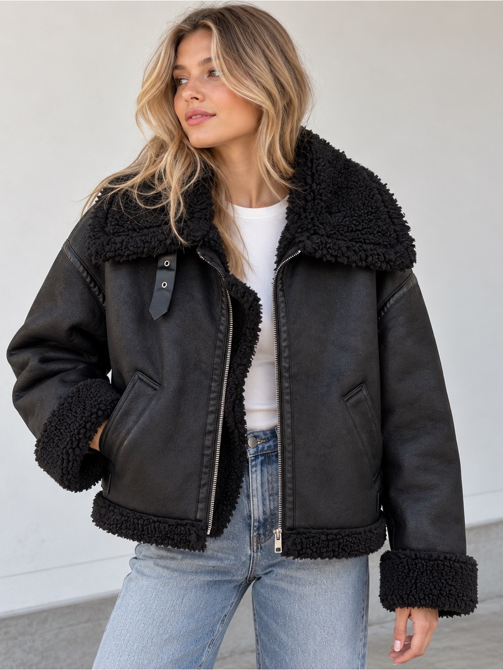 Zara Black Faux Shearling Aviator Bomber Jacket Oversized size small